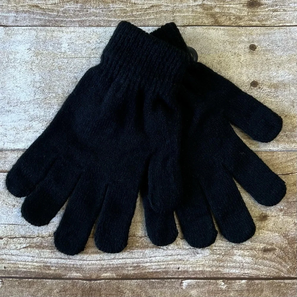 Unbranded Black Knit Winter Gloves Ribbed Cuff Stretchy One Size Cold Weather